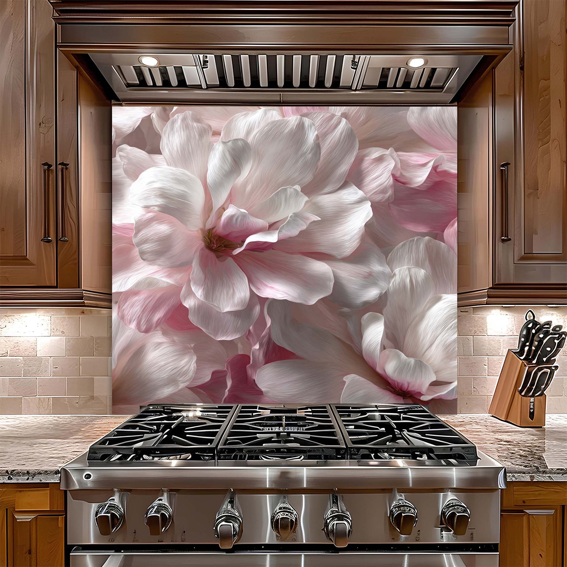 Stainless steel stove with a decorative glass backsplash featuring pink flowers in a kitchen setting.