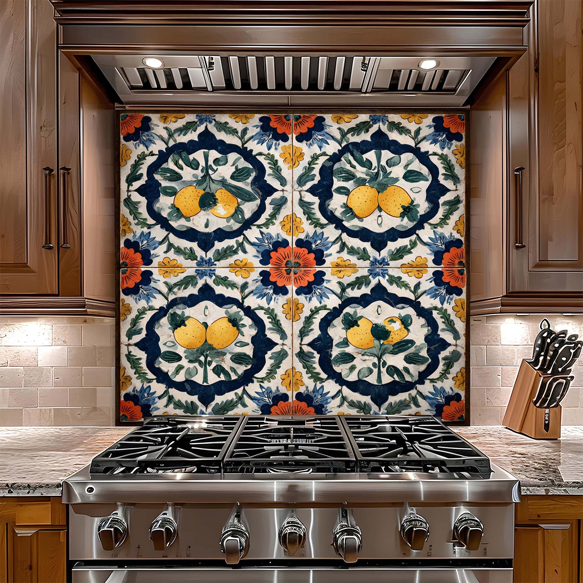 Decorative tile glass backsplash with floral and lemon pattern above a stove in a kitchen.