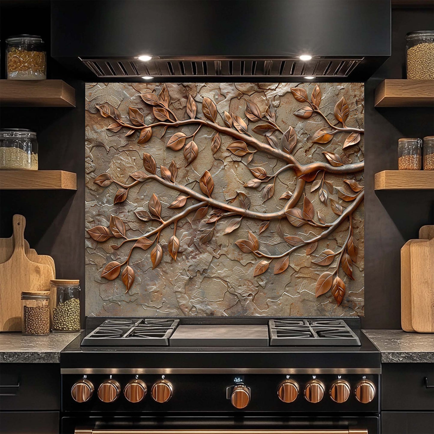Stainless steel stove with decorative glass backsplash featuring leaf patterns in a kitchen setting.
