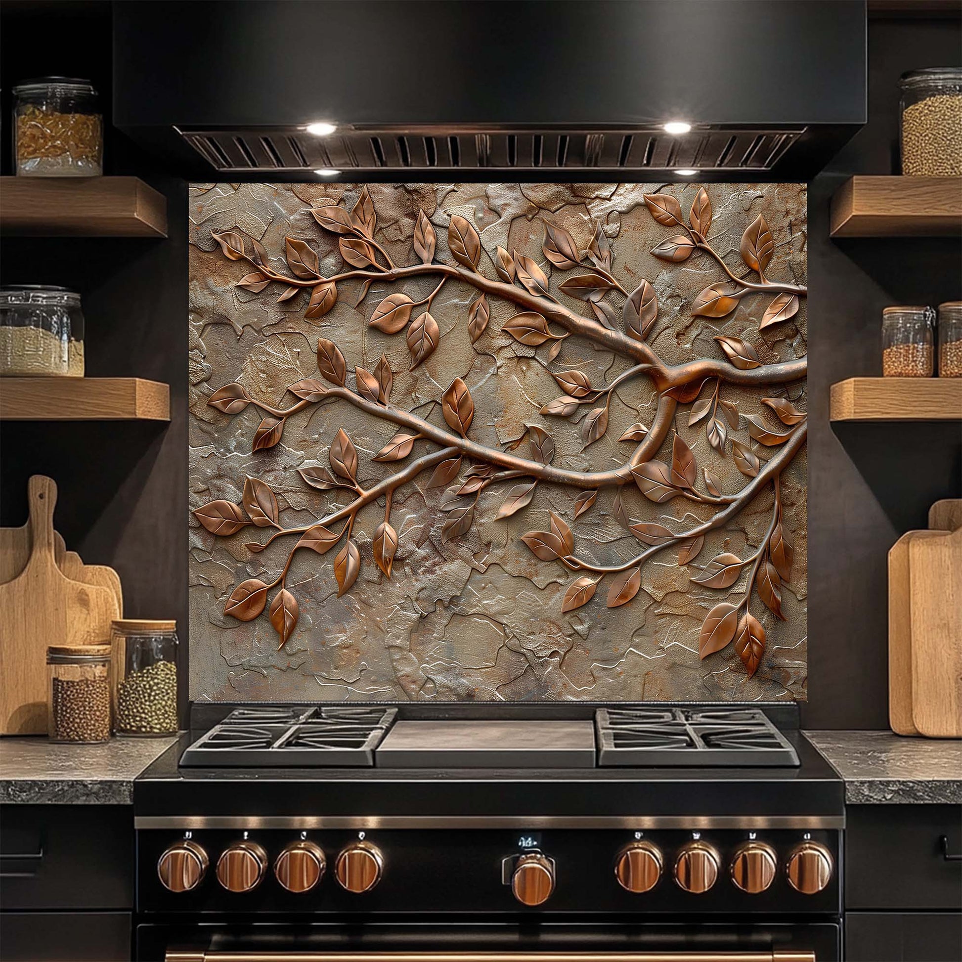 Stainless steel stove with decorative glass backsplash featuring leaf patterns in a kitchen setting.