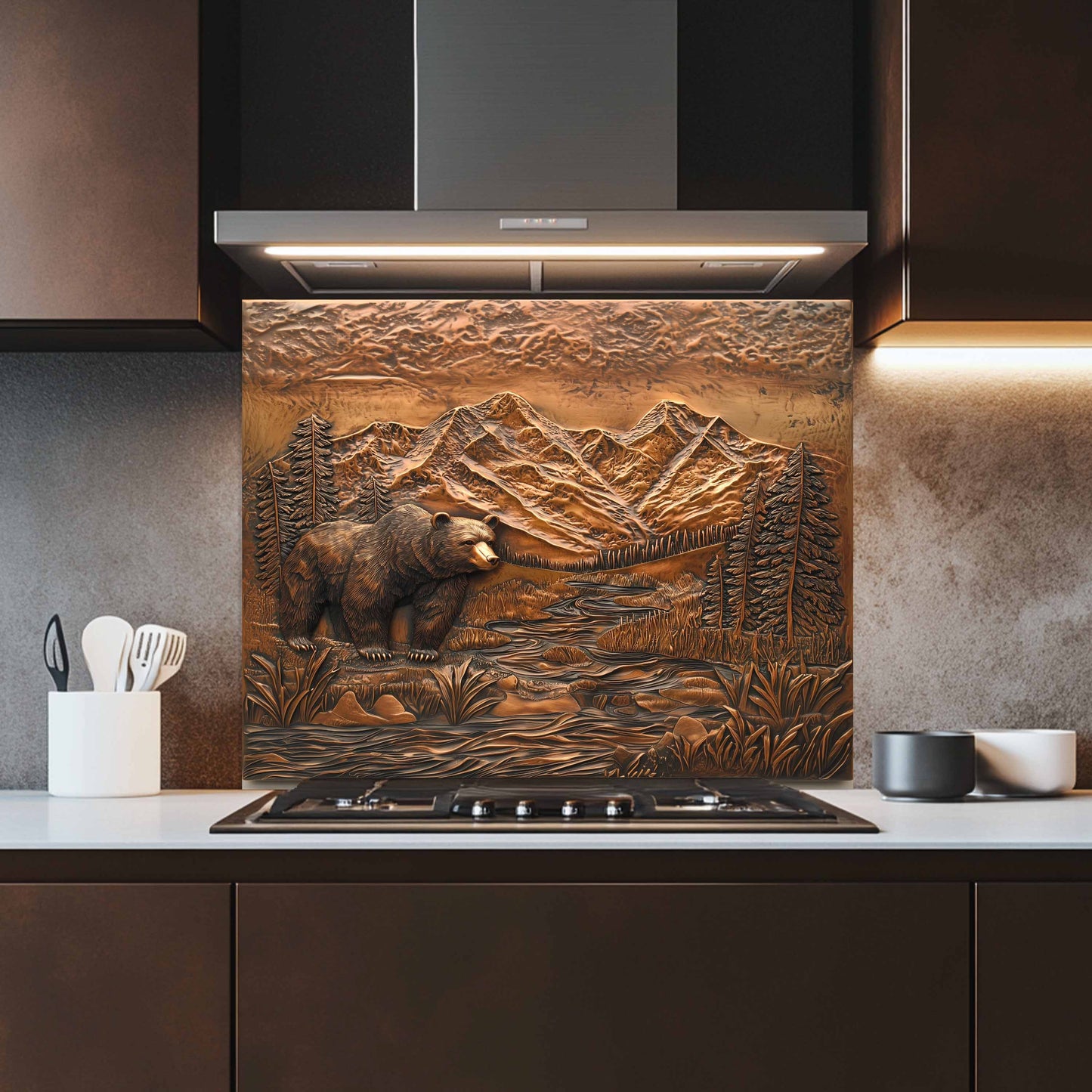 Decorative backsplash with bear and mountain design in a kitchen setting