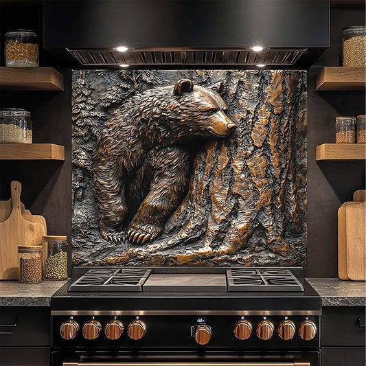 Bear resting by pine tree in copper forest-style tempered glass backsplash – perfect stove backsplash for rustic kitchen.