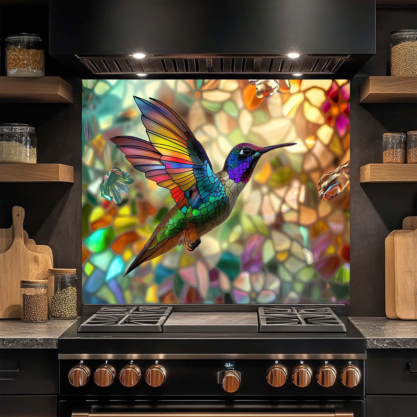 Kitchen stove with a colorful hummingbird design on the glass backsplash