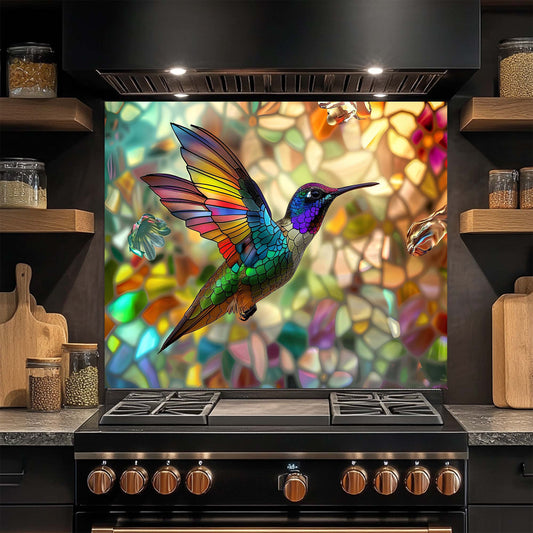 Kitchen stove with a colorful hummingbird design on the glass backsplash