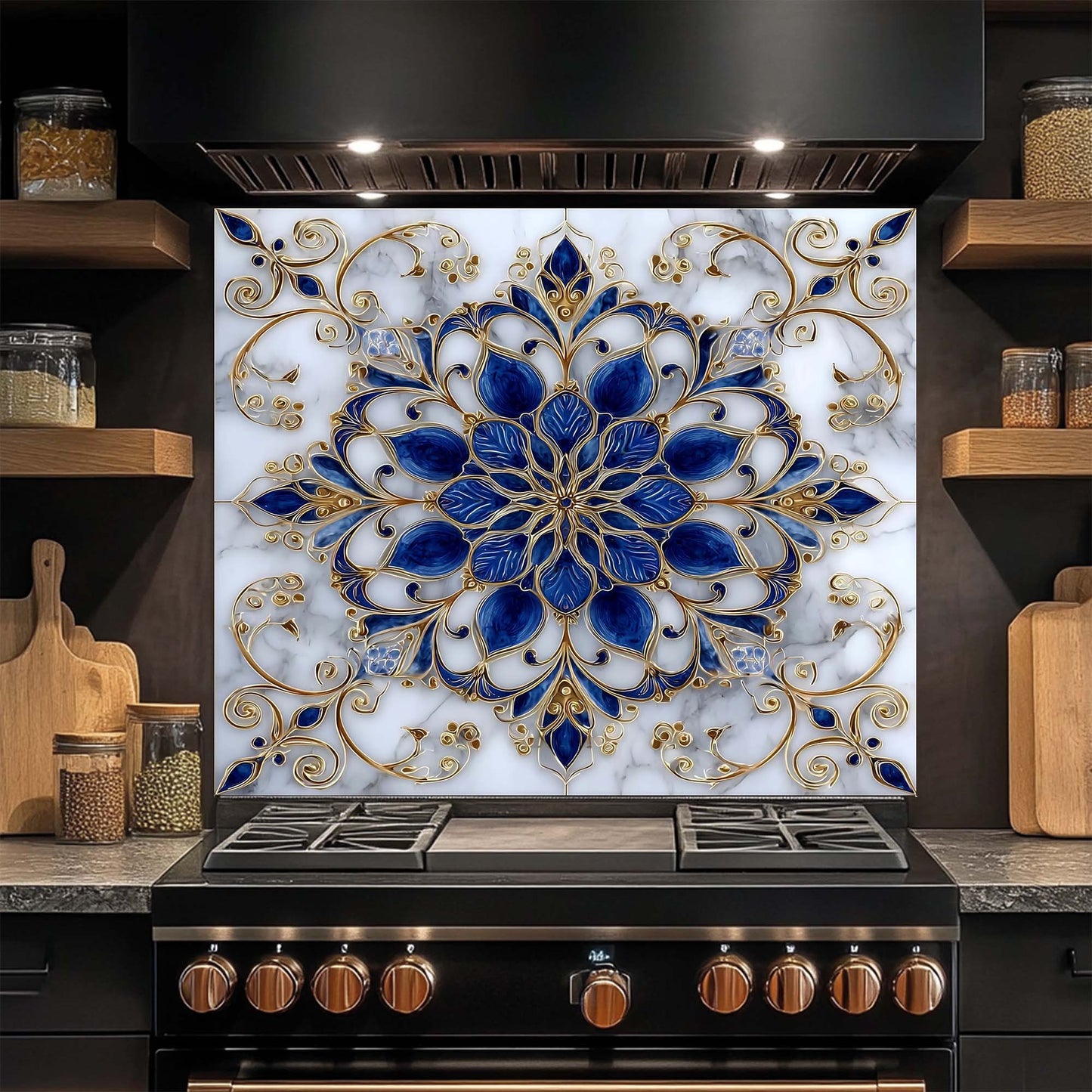 Decorative glass backsplash with blue and gold floral pattern above a stove in a kitchen.