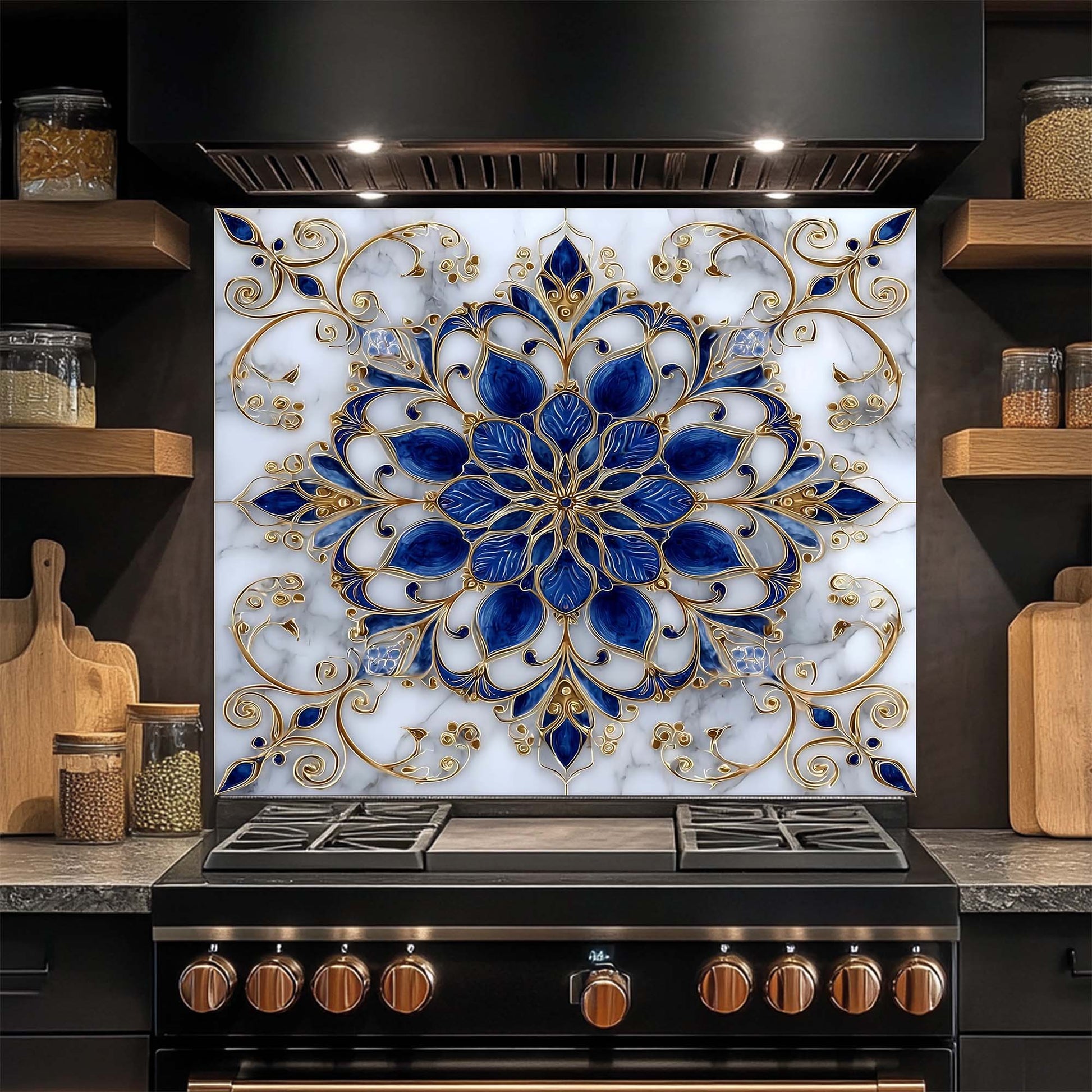 Decorative glass backsplash with blue and gold floral pattern above a stove in a kitchen.