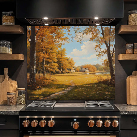 Golden forest landscape with cottage printed on tempered glass backsplash. Perfect for cozy fall-inspired kitchens.