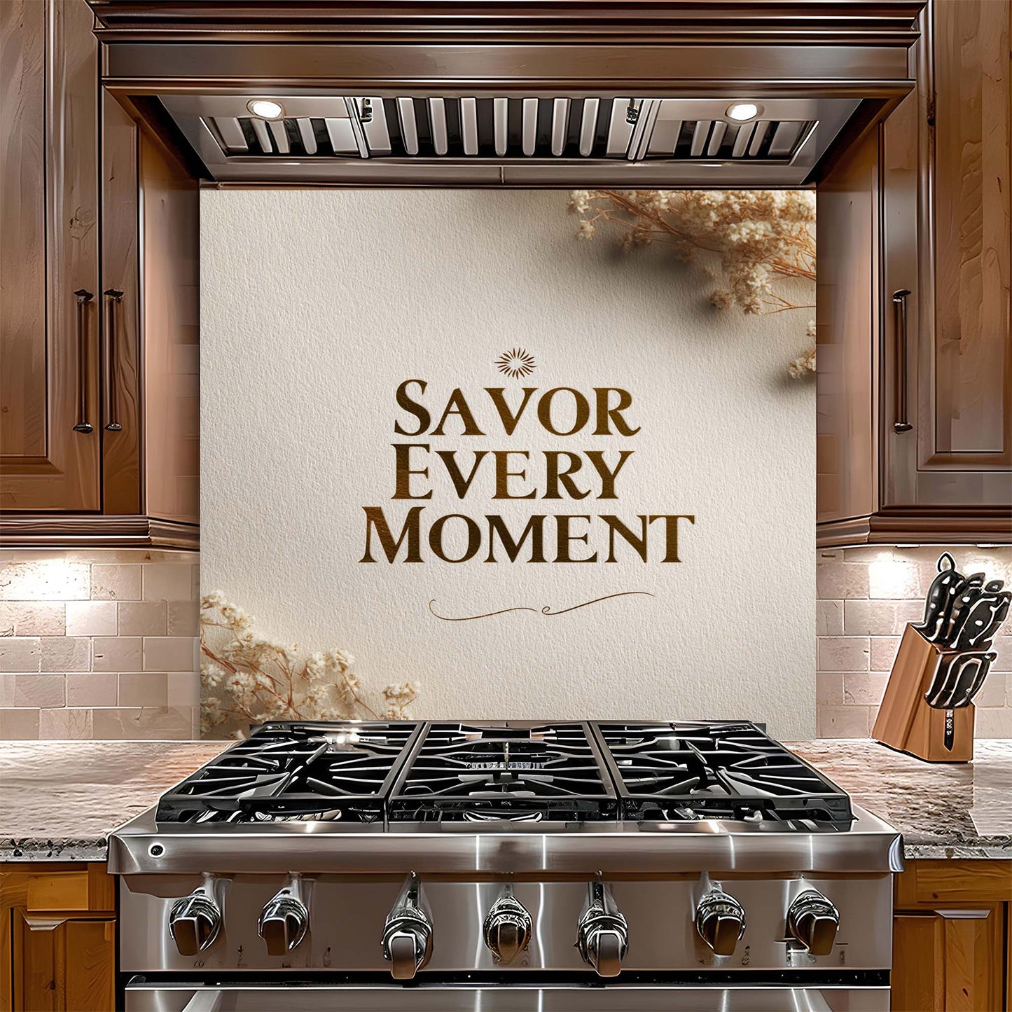 Stainless steel stove with decorative glass backsplash featuring 'Savor Every Moment' text in a kitchen setting.