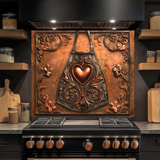 Decorative glass backsplash with heart design above a stove in a kitchen setting.