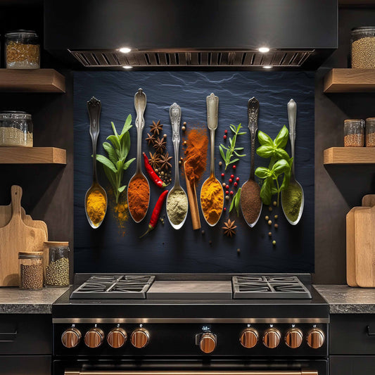Kitchen stove with spice-laden spoons on a dark backsplash