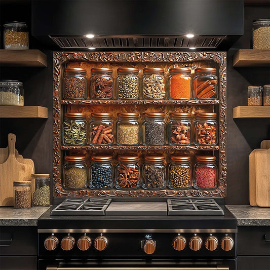 Decorative spice rack design glass backsplash above a stove with various jars of spices.
