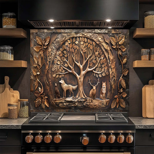 Decorative glass backsplash above a stove with a tree and animals design in a kitchen setting.