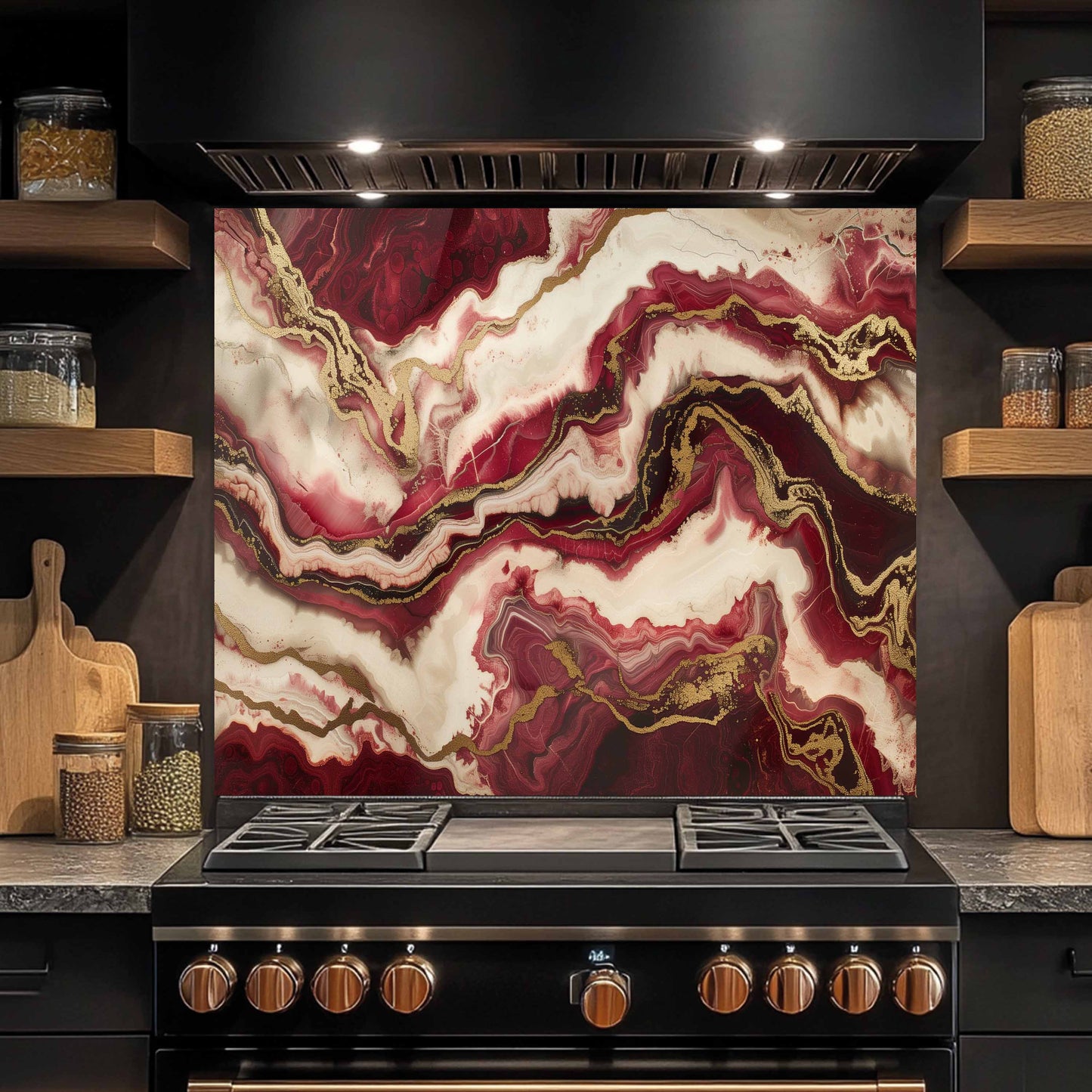 Stainless steel range with marbled backsplash in a kitchen setting