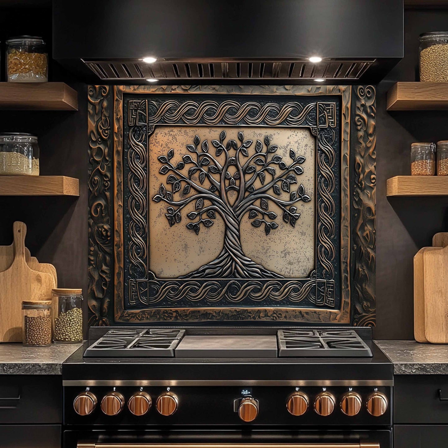 Decorative stove with tree design in a kitchen setting