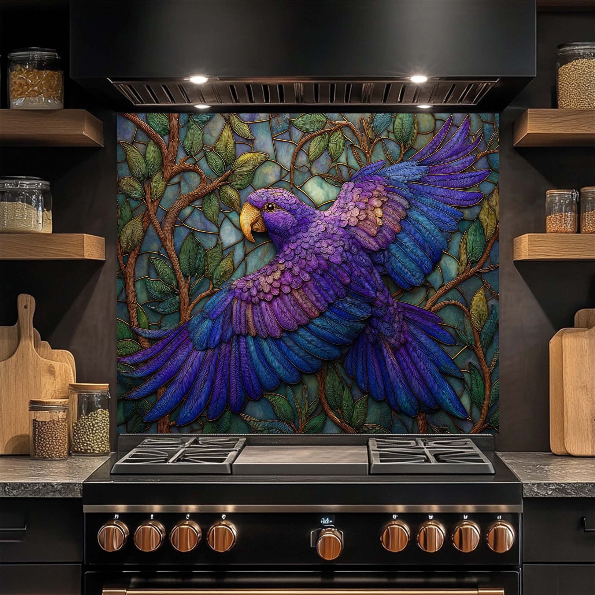 Kitchen stove with a colorful parrot mural on the glass backsplash
