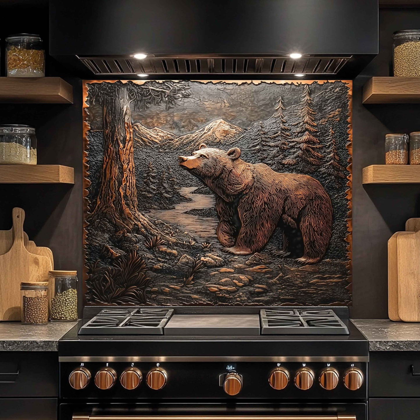 Stainless steel stove with bear back splash on a mountain scene in a kitchen setting