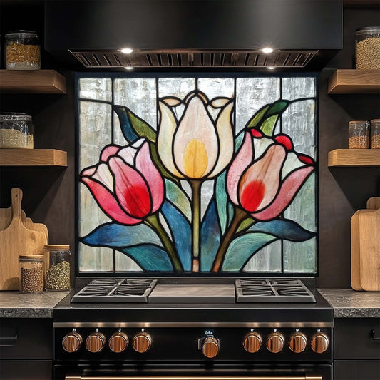 Stove with stained glass tulip design glass backsplash above it in a kitchen setting