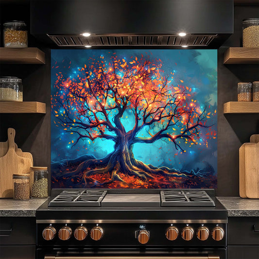 Kitchen stove with a colorful tree design on the glass backsplash