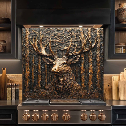 Decorative backsplash of a deer head with antlers on a kitchen stove.