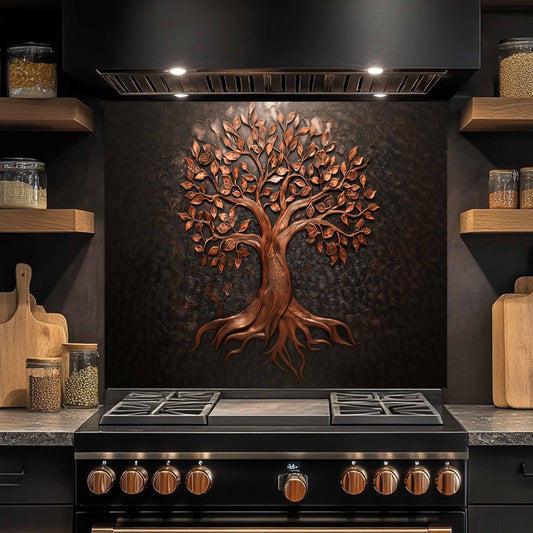 Kitchen stove with decorative copper tree on a black backsplash