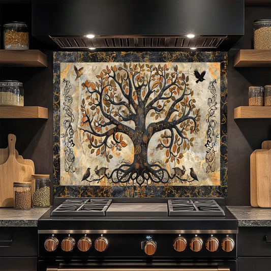 Decorative glass backsplash with a tree design above a stove in a kitchen setting.