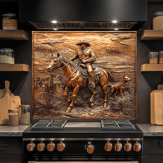 Copper western panel with cowboy on horse and dog in desert – tempered glass backsplash kitchen decor