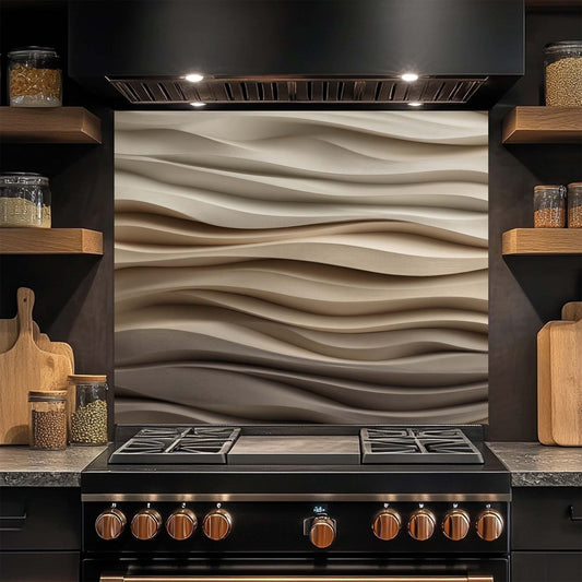 Modern kitchen with a decorative glass backsplash and stove