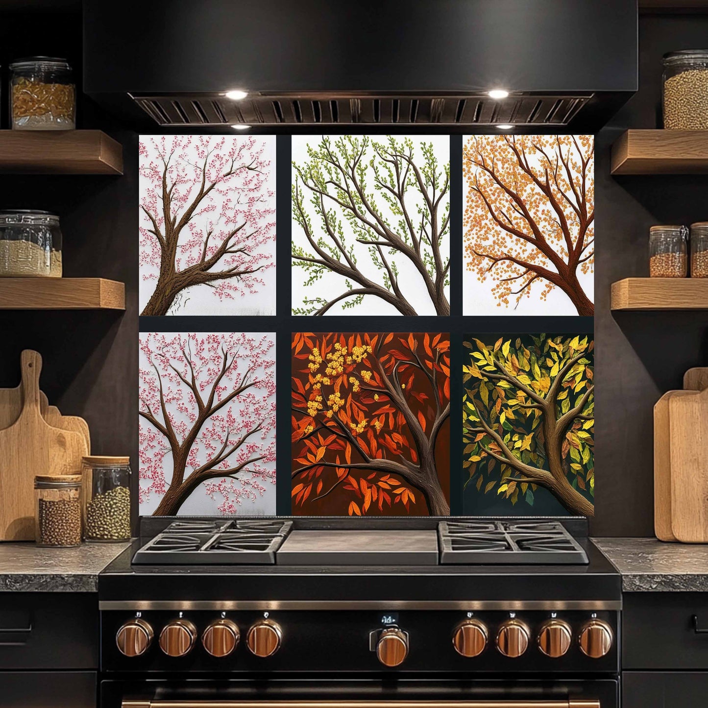Kitchen stove with a decorative backsplash of (four seasons trees) design.
