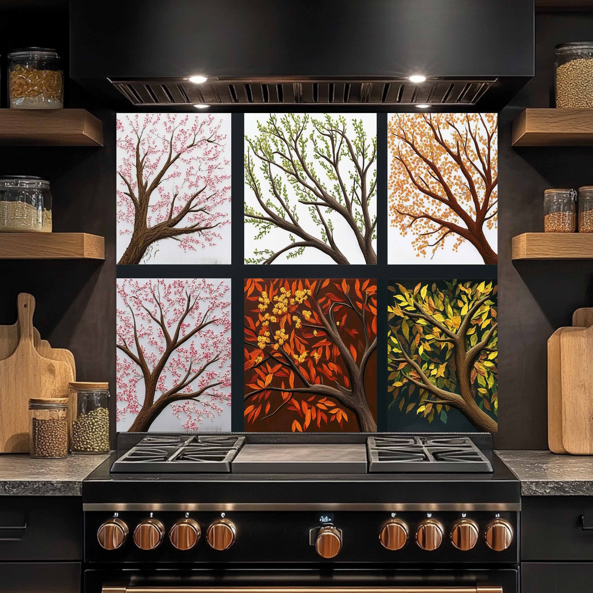 Kitchen stove with a decorative backsplash of (four seasons trees) design.