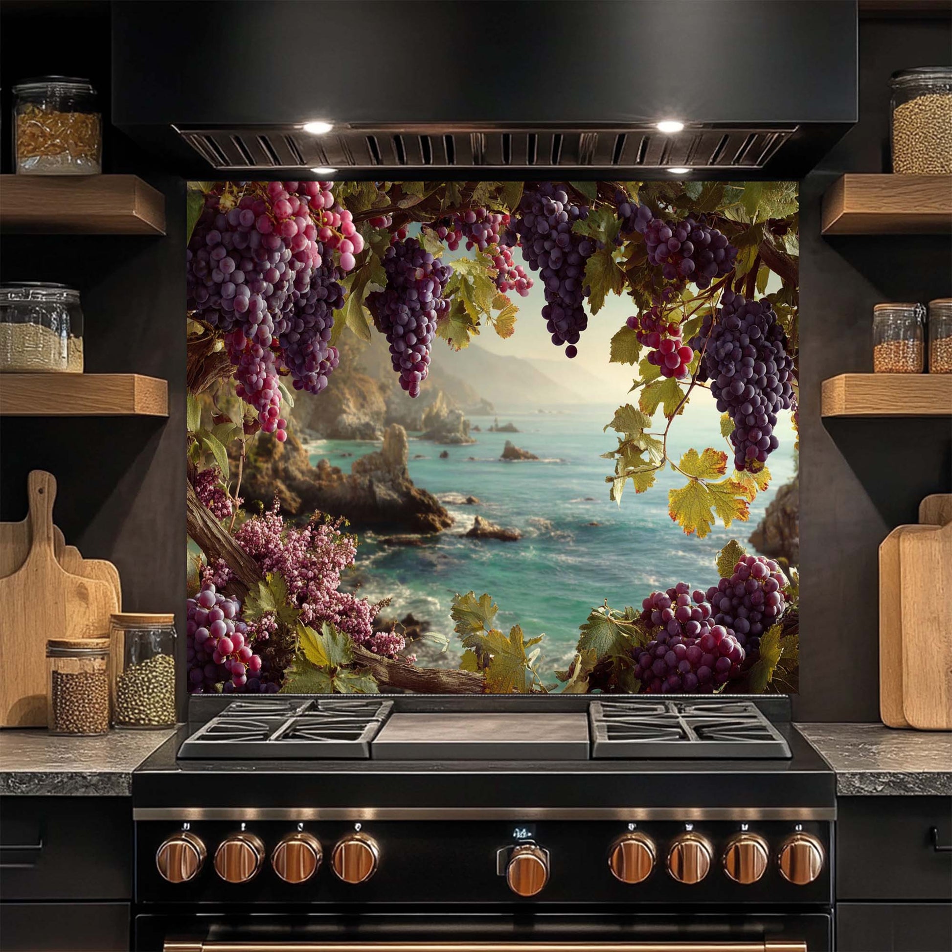 Kitchen stove with a decorative glass backsplash featuring grapes and a coastal scene.