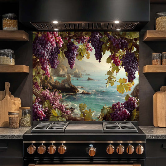 Kitchen stove with a decorative glass backsplash featuring grapes and a coastal scene.