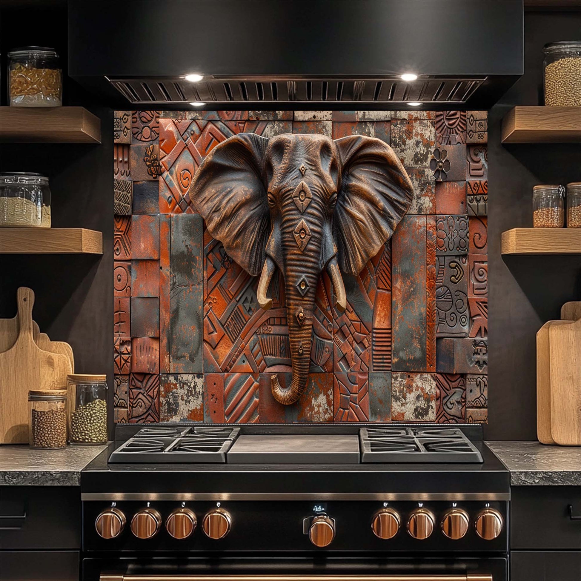 Decorative glass backsplash with elephant design above a stove in a kitchen.