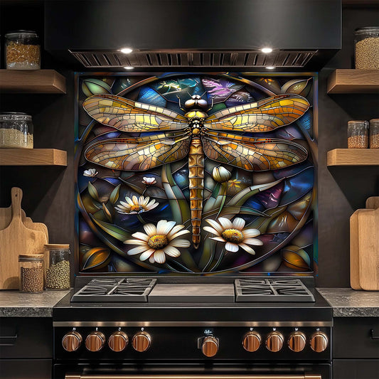 Stylish kitchen stove with a decorative dragonfly and flower design on the glass backsplash.