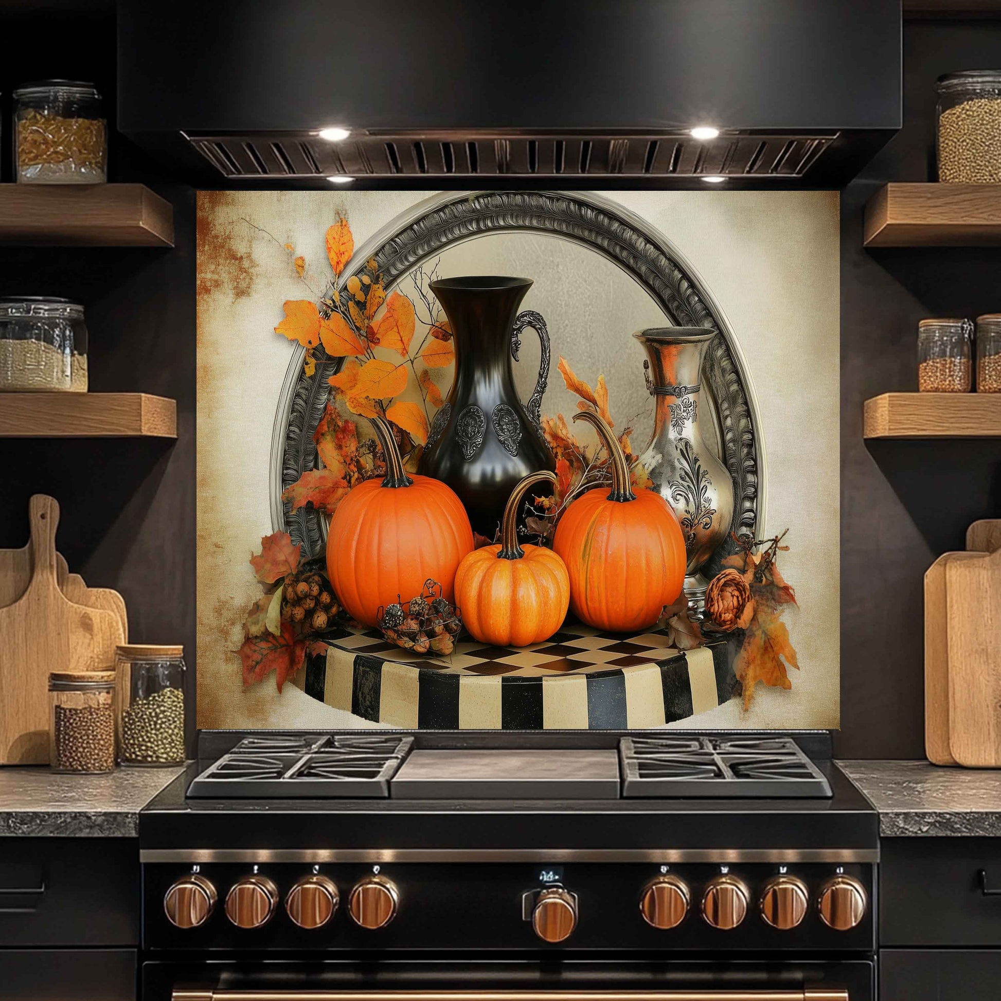 Stovetop with decorative backsplash featuring pumpkins and autumn elements in a kitchen setting.
