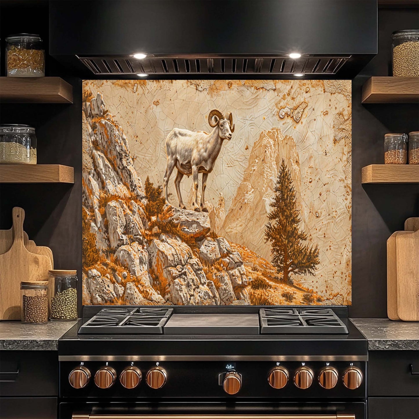 Kitchen stove with a decorative glass backsplash featuring a mountain goat scene.