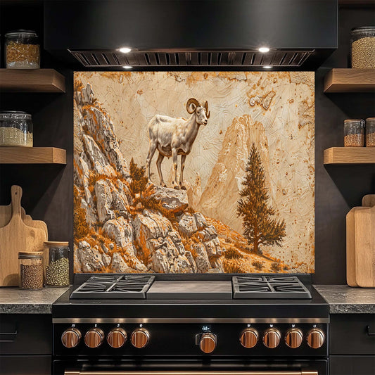 Kitchen stove with a decorative glass backsplash featuring a mountain goat scene.