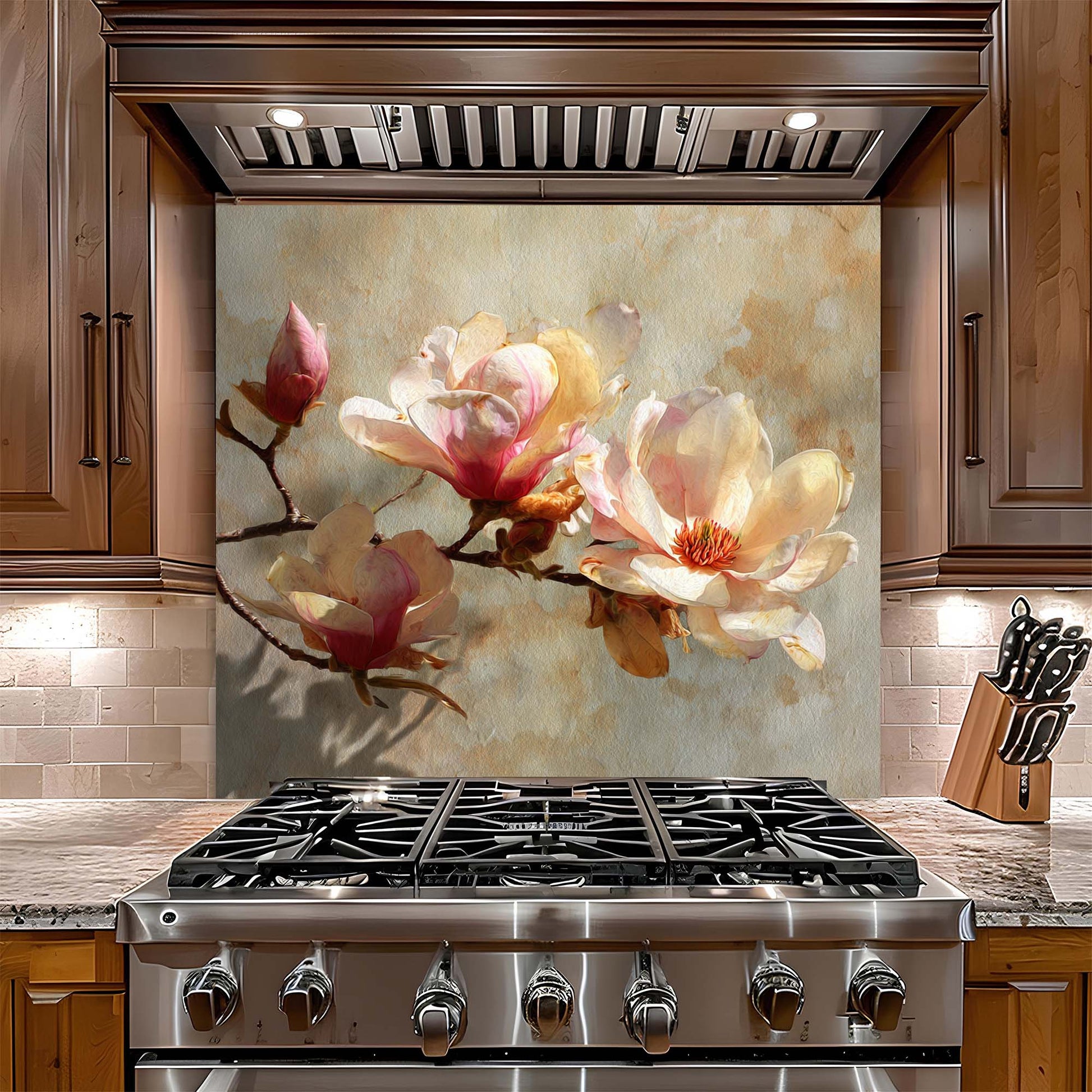 Stainless steel gas stove with floral glass backsplash in a kitchen setting