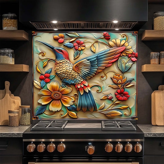 Decorative glass backsplash with a colorful hummingbird and floral design above a stove in a kitchen.