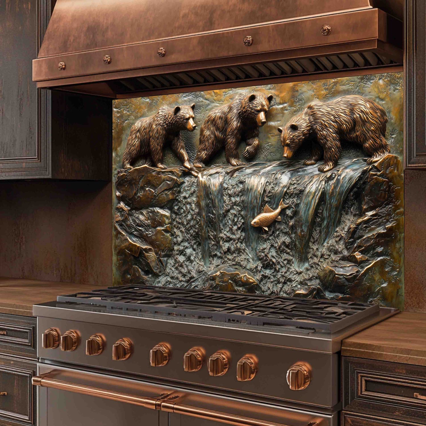 Stainless steel stove with bronze accents featuring a bear family scene on the back splash.