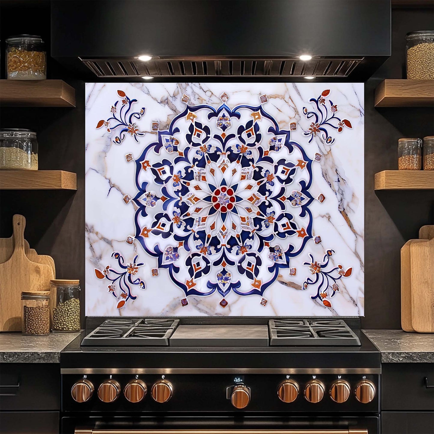Decorative glass backsplash with intricate pattern above a stove in a kitchen.