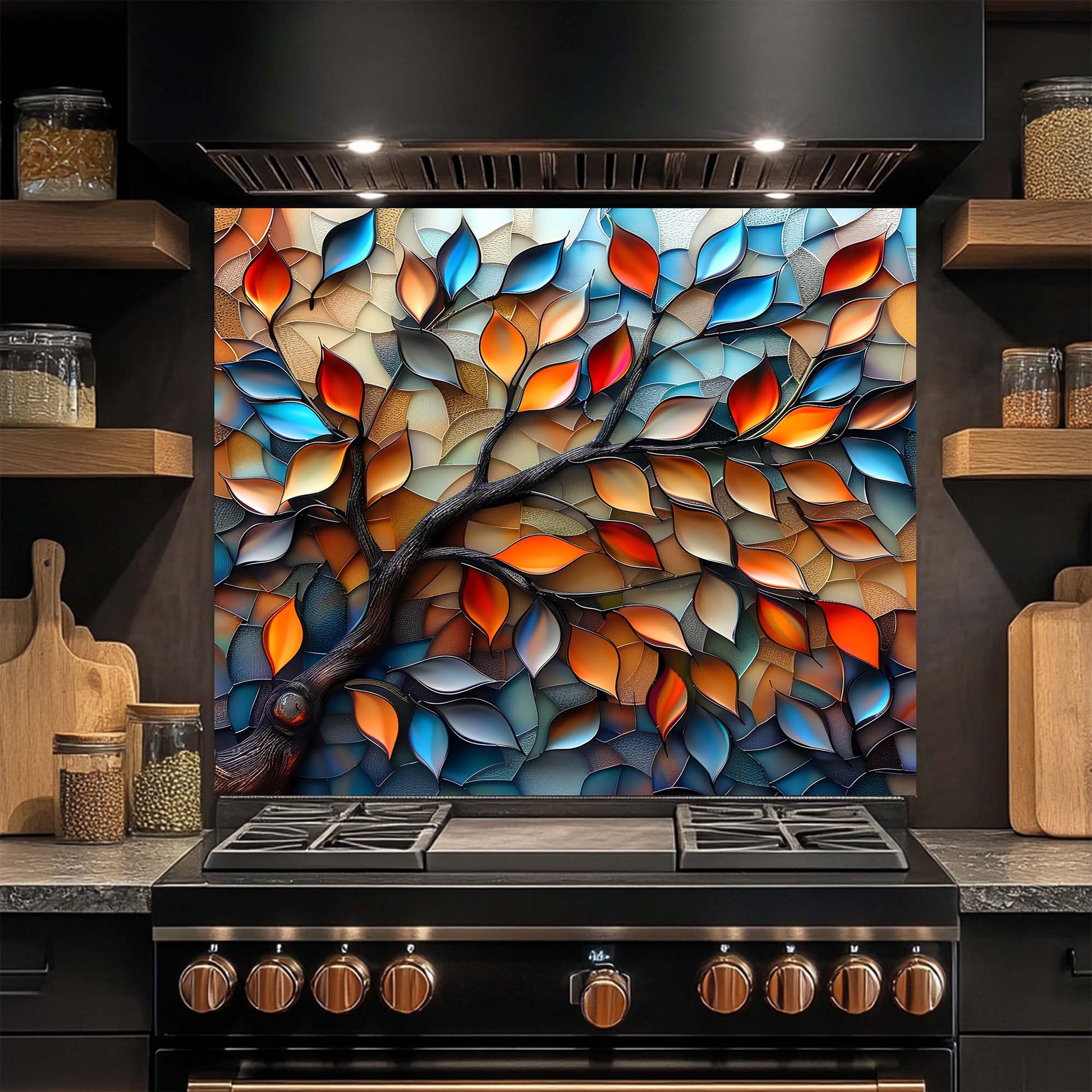 Stainless steel oven with a colorful leaf design glass backsplash in a kitchen setting.