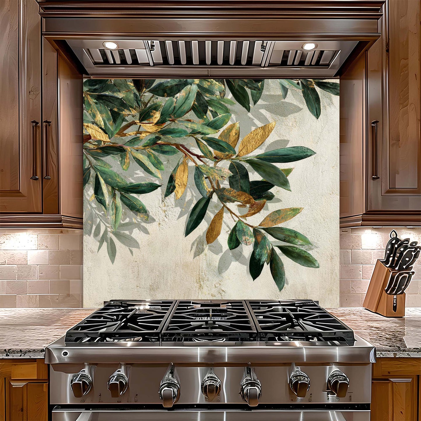 Stainless steel gas stove with decorative leaf pattern backsplash in a kitchen setting.