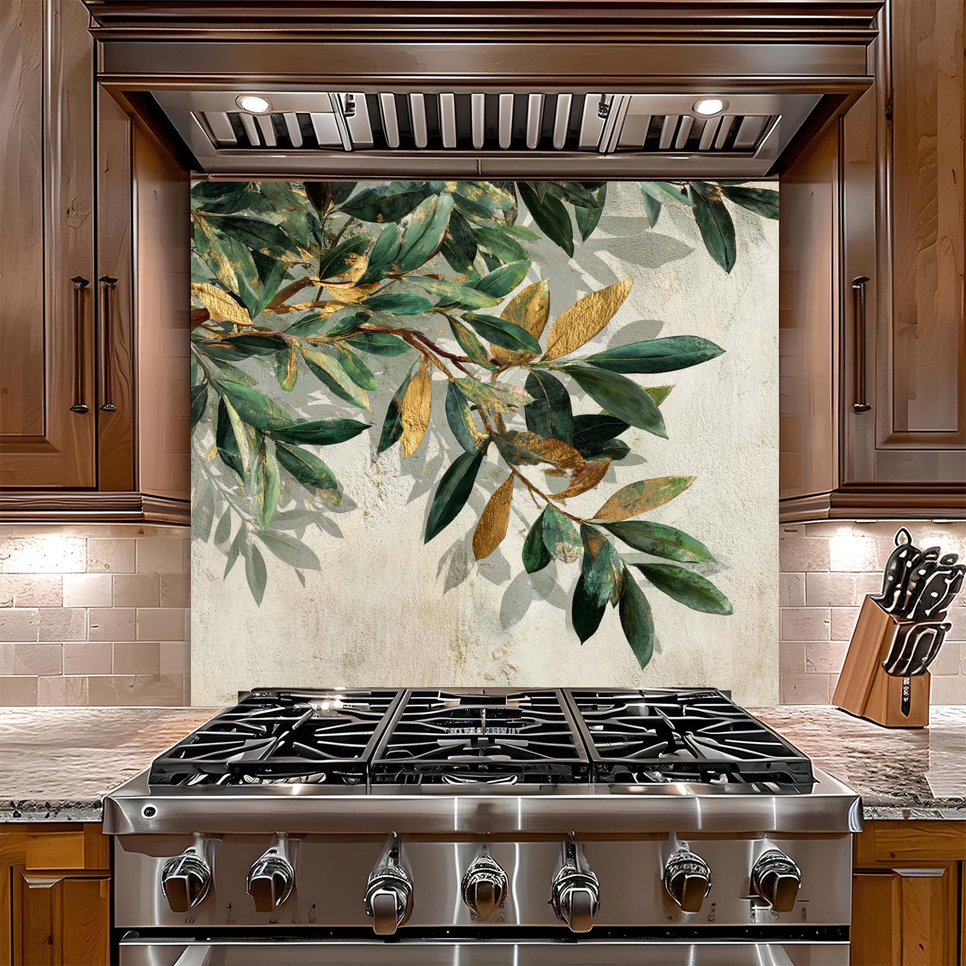 Stainless steel gas stove with decorative leaf pattern backsplash in a kitchen setting.