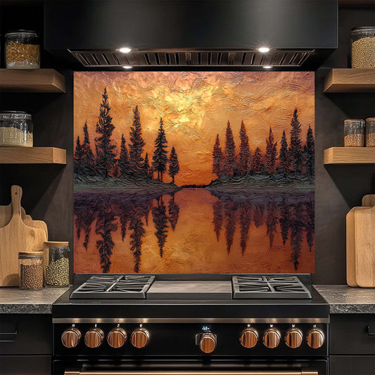 Kitchen stove with a decorative glass backsplash featuring a forest scene.