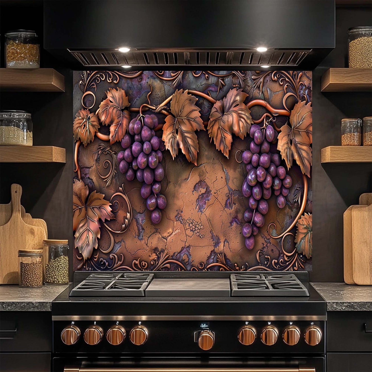 Decorative glass backsplash with grapes and leaves above a stove in a kitchen.