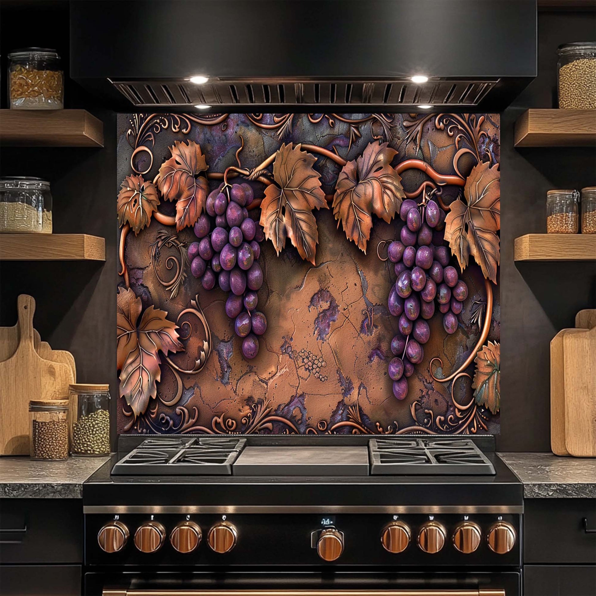 Decorative glass backsplash with grapes and leaves above a stove in a kitchen.