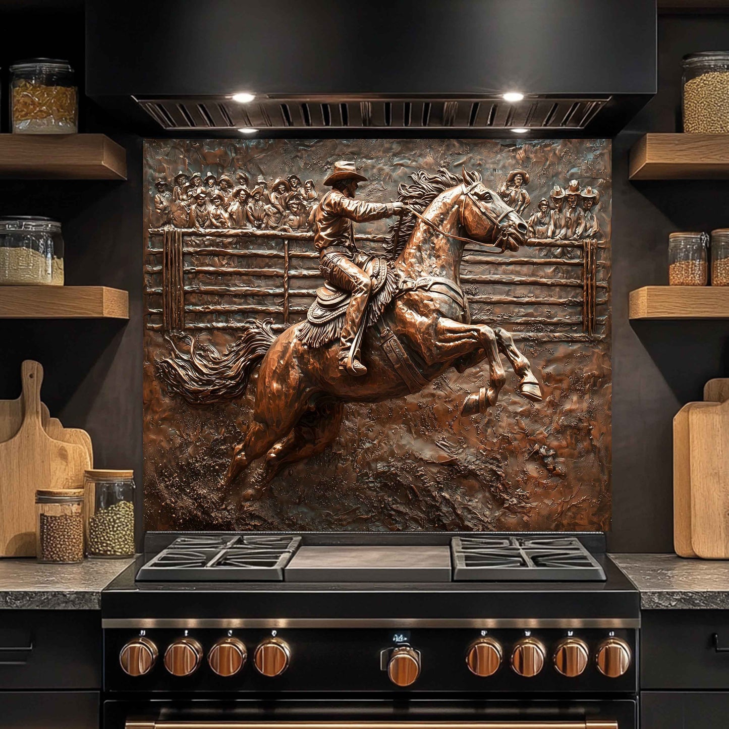 Decorative back splash of a cowboy on a horse above a stove in a kitchen.