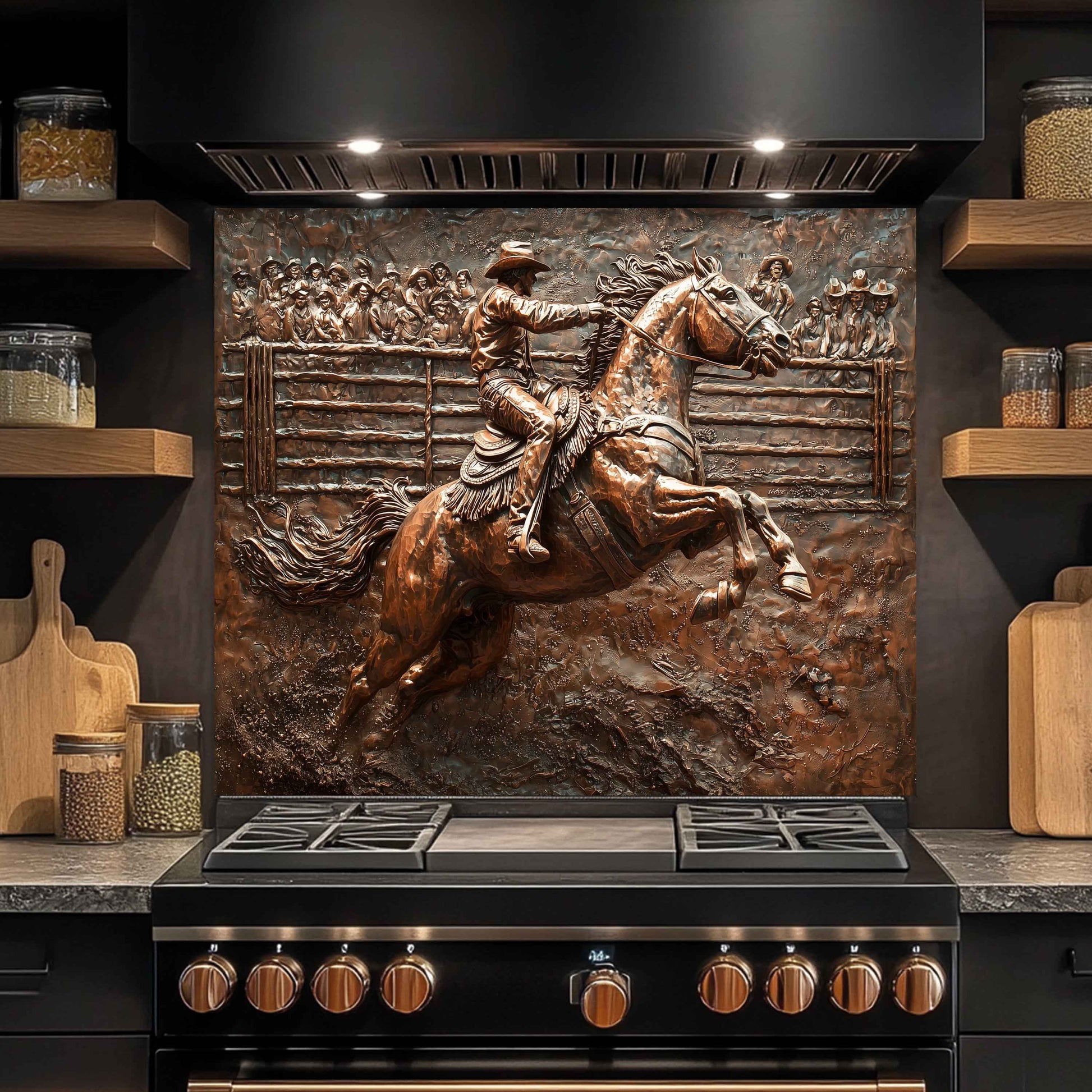 Decorative back splash of a cowboy on a horse above a stove in a kitchen.