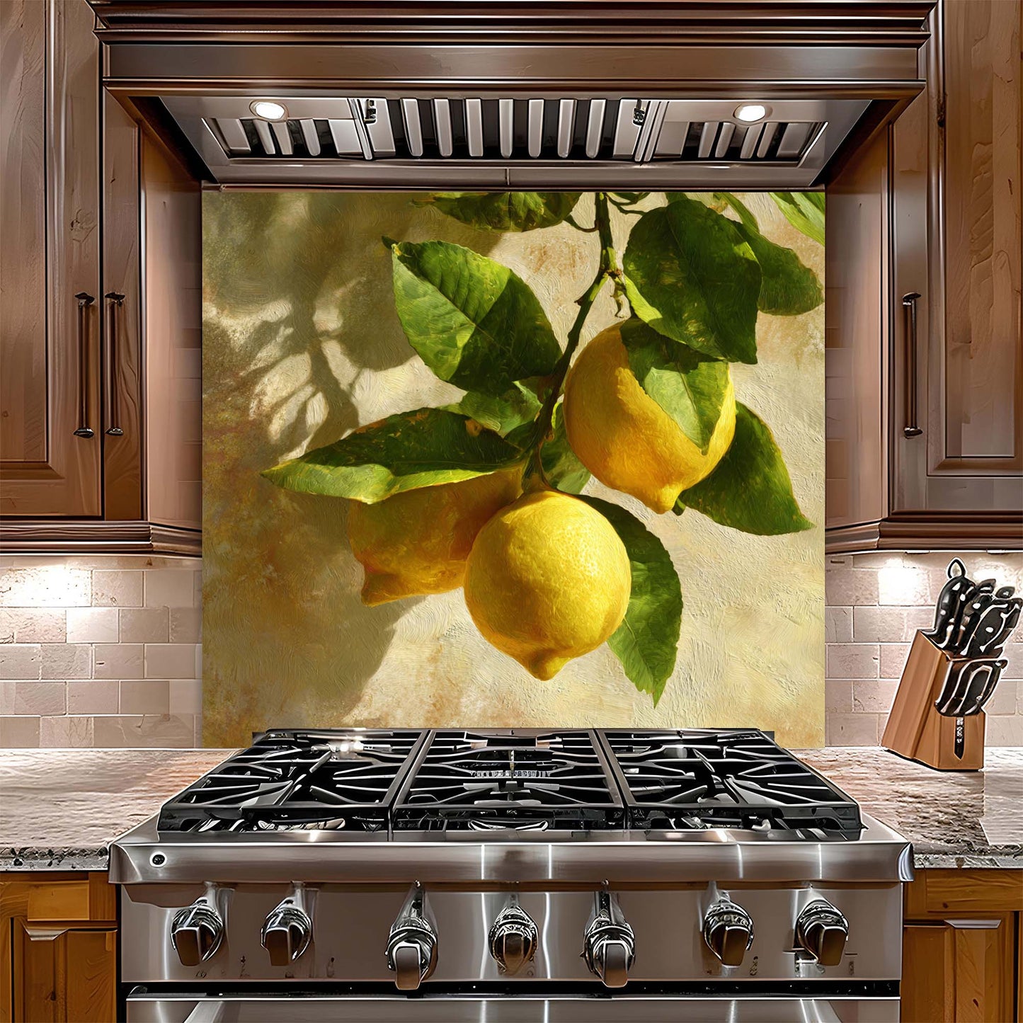 Stainless steel gas stove with a decorative glass backsplash featuring lemons and leaves in a kitchen setting.