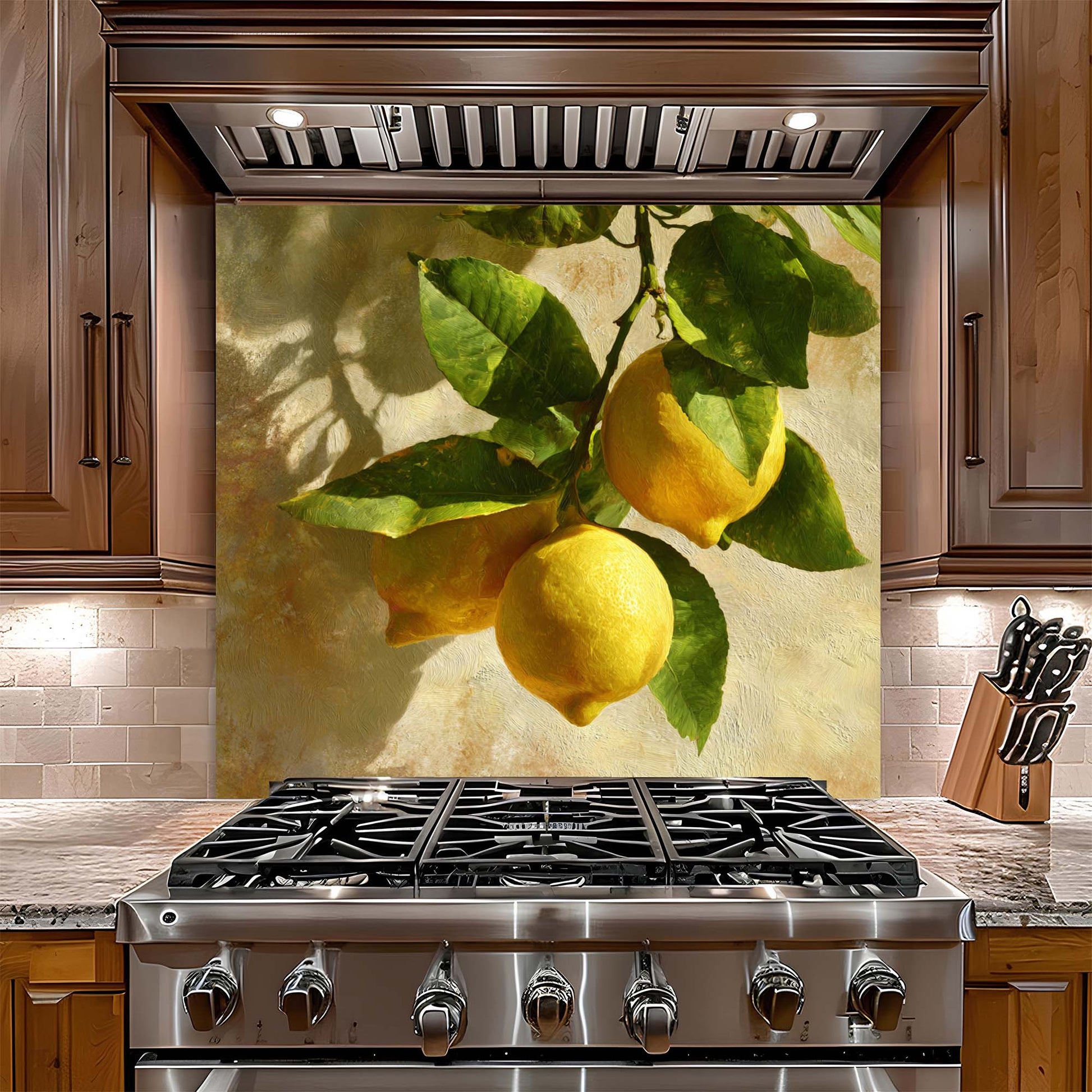 Stainless steel gas stove with a decorative glass backsplash featuring lemons and leaves in a kitchen setting.